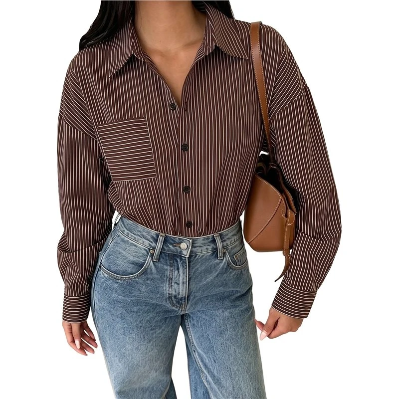 Women's Striped Collared Button Down Shirt Bodysuit Coffee Brown S Eco-Friendly
