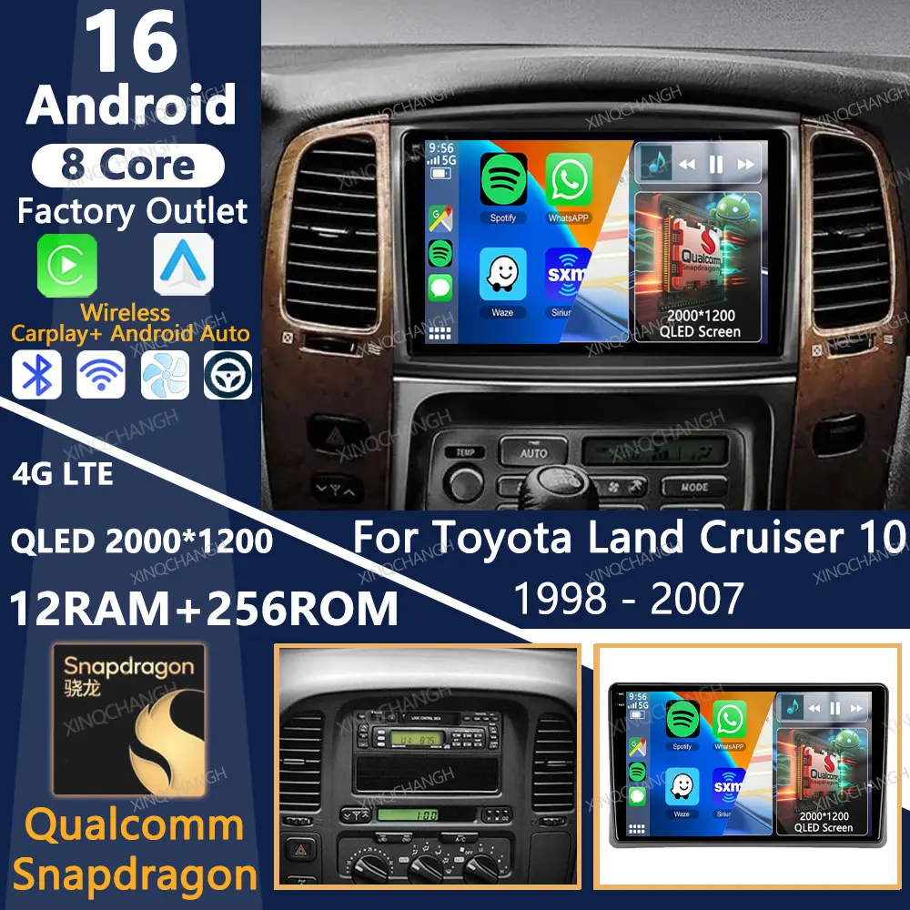Android 16 Car Radio For Toyota Land Cruiser 10 J100 100 1998 - 2007 QLED Multimedia Stereo Video Player 2DIN 4G LTE 5G WIFI BT