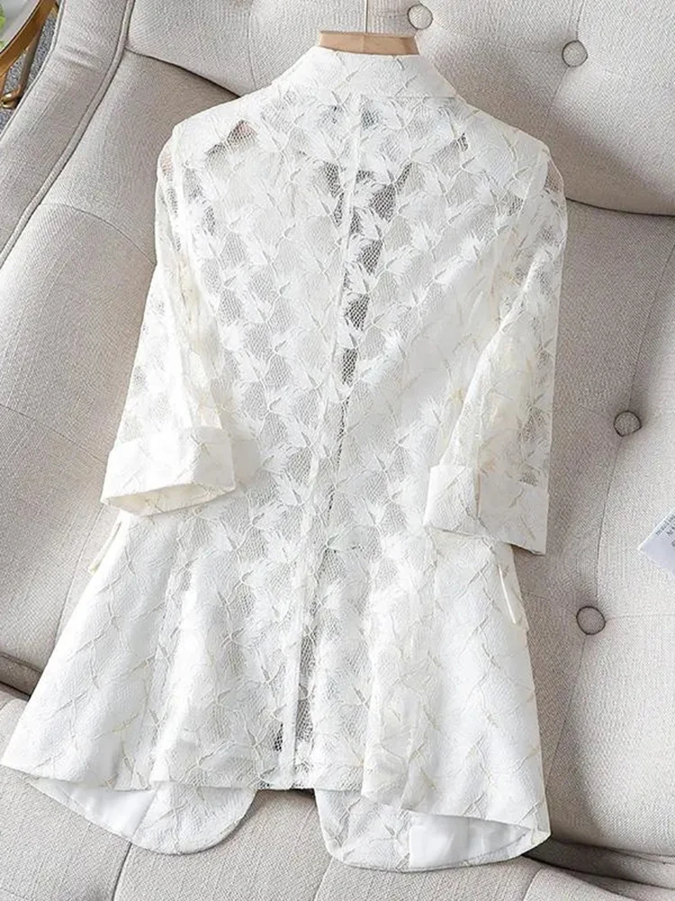 White Lace Women Blazer 2022 New Elegant Hollow Out Thin Sun Protection Summer Blazers Lady Office Suit Jackets Coat Slim Tops