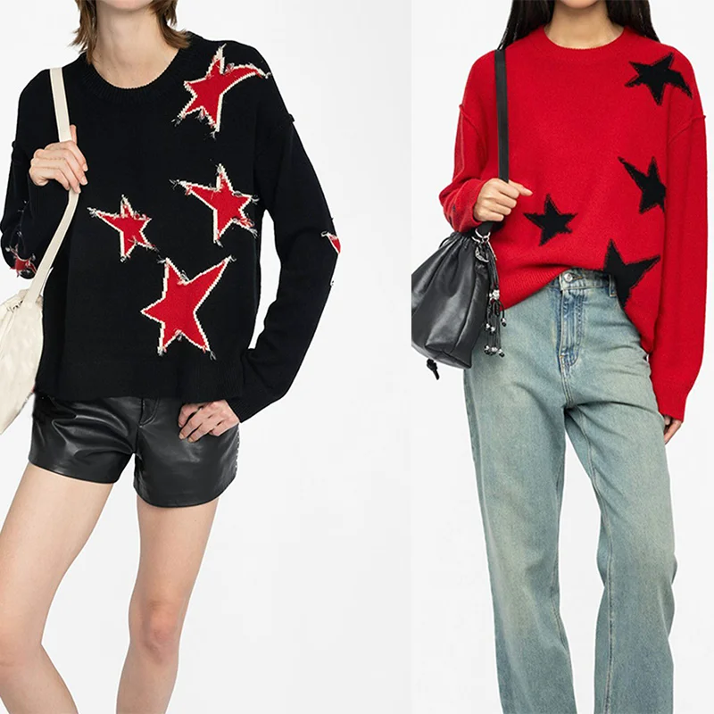 

Красный кашемировый пуловер, женский свитер с круглым вырезом и звездами, женский черный топ, свитер с длинными рукавами, вязаный джемпер, женские зимние пуловеры