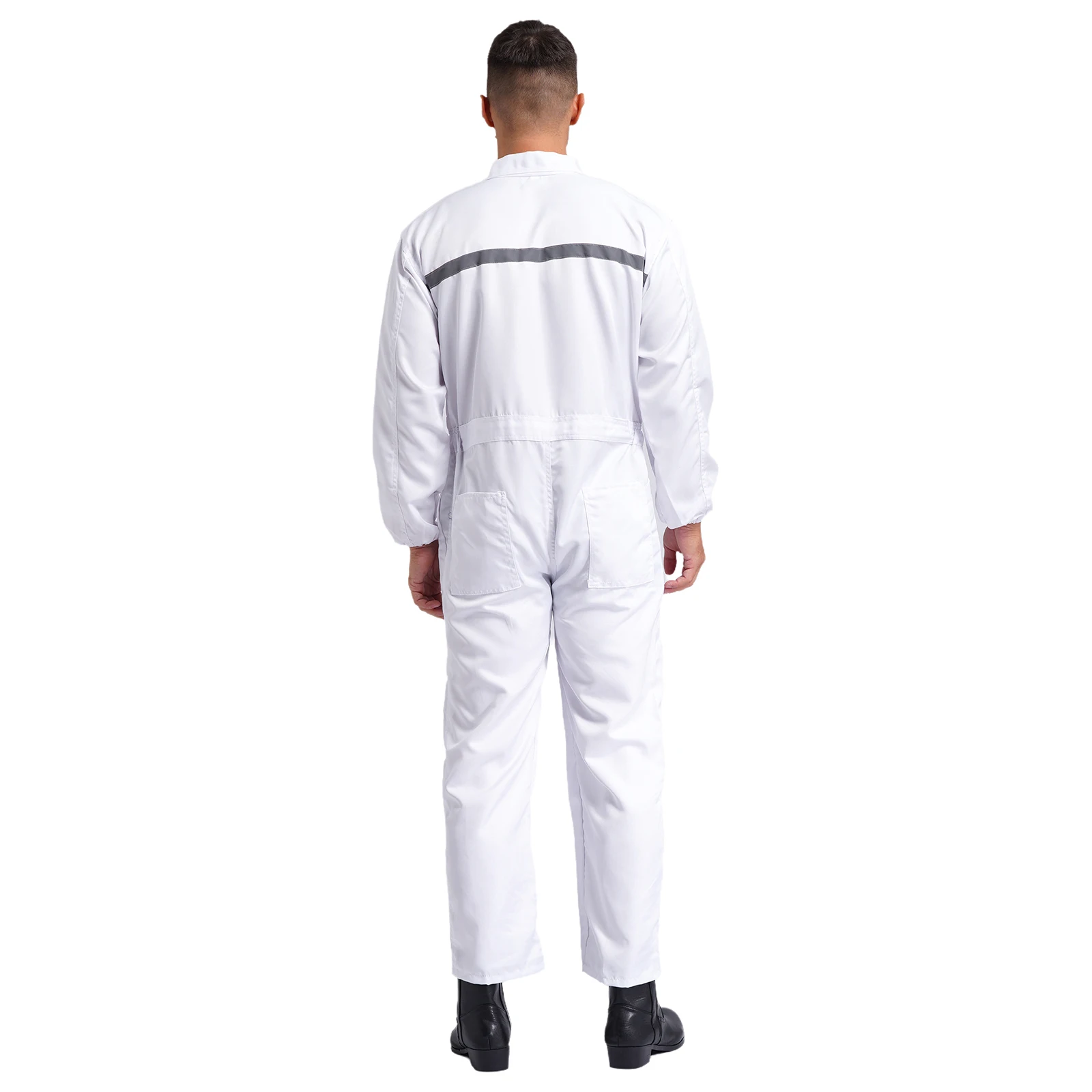 Mens Reflective Stripe Coverall Long Sleeve Zipper Jumpsuit Overall Engineering Workwear with Pockets for Factory Workshop