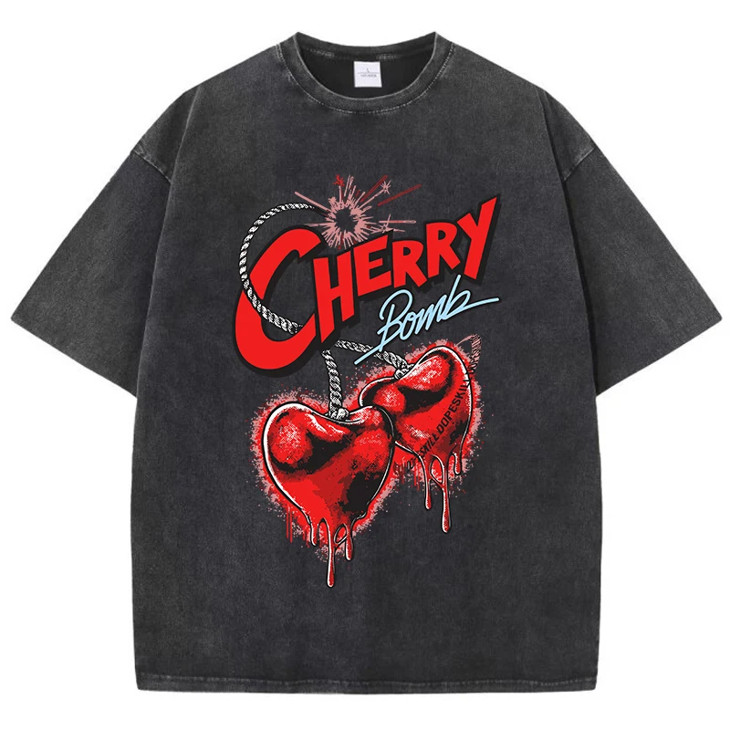 Explosive Cherries Pattern Printing Men Washed Clothes Distressed Cotton Tshirts Street Fashion Tops Cool Summer O-Neck T Shirts