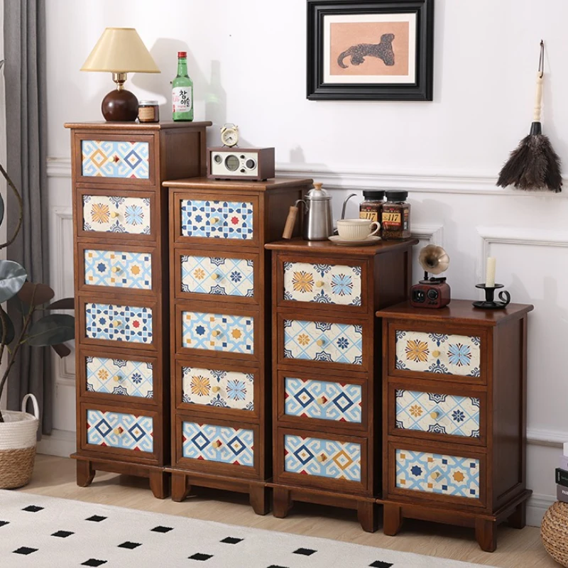 ‌Solid Wood Vintage Bedside Cabinet Drawer Narrow Space Organizer Moisture Proof Bedroom Furniture for Smooth Open Shelf Console