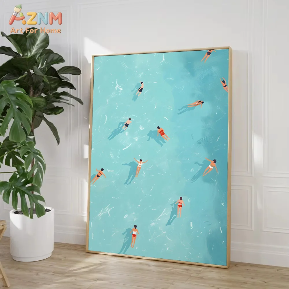 AZNM Aerial View Summer Beach Swimming Sailboat Minimal Illustration Frameless Canvas Wall Decor view 3