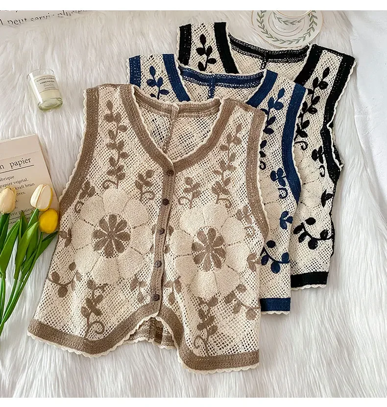 Embroidered Floral Crochet Vest for Women Openwork Button Front Sleeveless Jacket Tanks Female Summer Vintage Fairycore Outfit