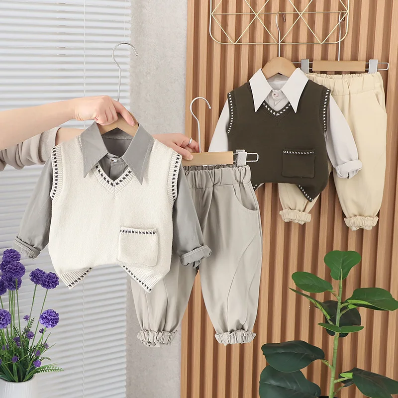 Boys Clothes Sets Spring Autumn 2024 Children Knitted Vest Shirts Pants 3pcs Party Suit For Baby Tacksuits Kids Outfits Toddler