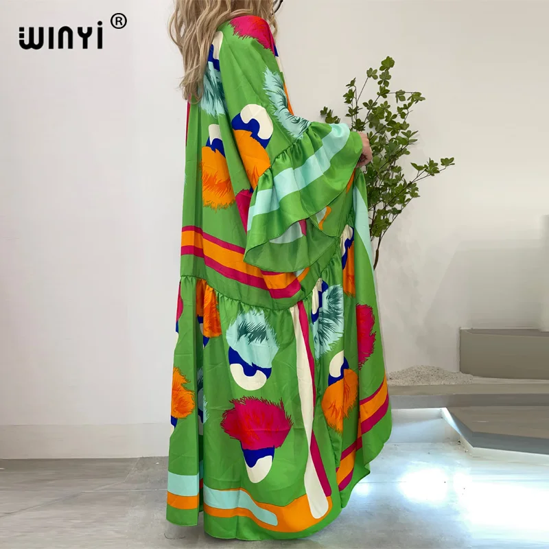 Summer WINYI Europe 2022 Autumn Fashion Printing Beach Wear Swim Suit Elegant Women Boho Cardigan Sexy Holiday Long Sleeve Dress