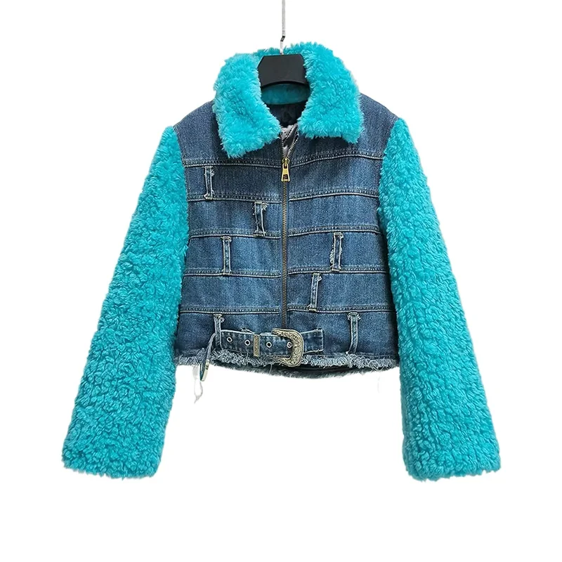 

2024 New Women Winter Jacket Overcoat Lapel Denim Lamb Wool Cotton Parkas Splicing Buckle Short Zip Fashion Coat Long Sleeved