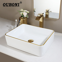 OUBONI White Ceramic Bathroom Sink Faucet Set Square Washbasin Sink Waterfall Hot Cold Mixer Tap W/ Single Lever Pop Up Drain