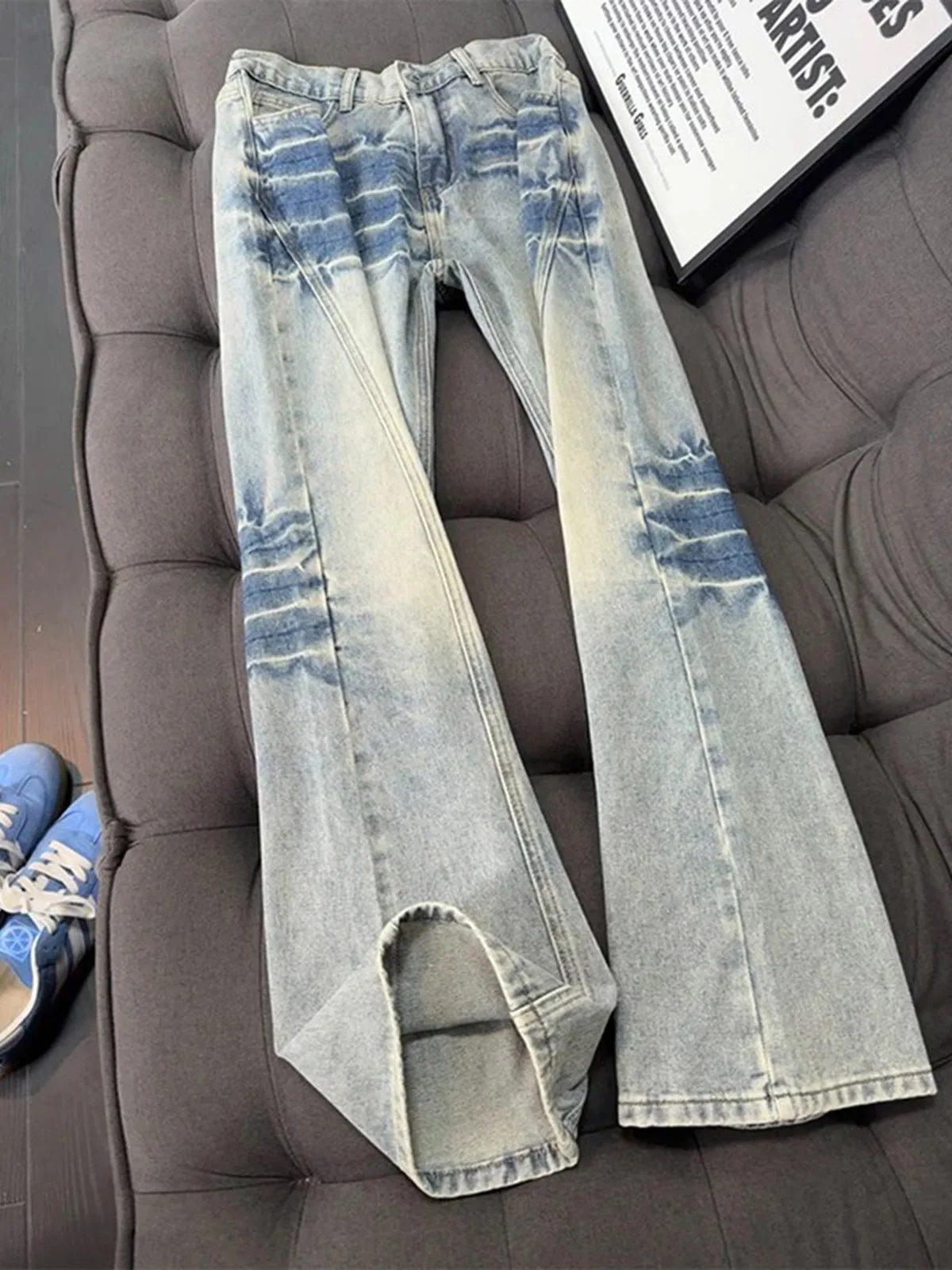 

Retro Lightning Pattern Diagonal Cut Knife Jeans Men Women Sle High Street Slim Fit Semi Elastic Waist Slimming Flared...