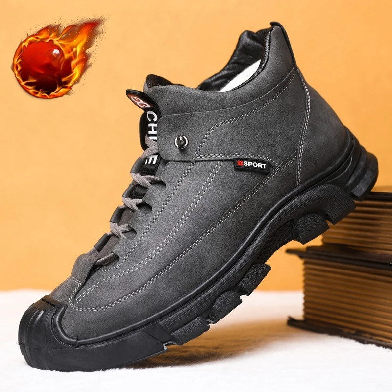 Thickened Fleece Lined Men's Winter Cotton Shoes Leather Patchwork Outdoor High Top Leather Fur Integrated Snow Boots Zapatillas