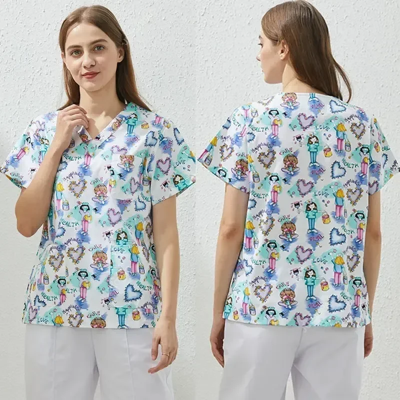 Tops de enfermera estampados, uniforme médico veterinario para mujer, cuello en V, ropa de trabajo, abrigo de enfermería