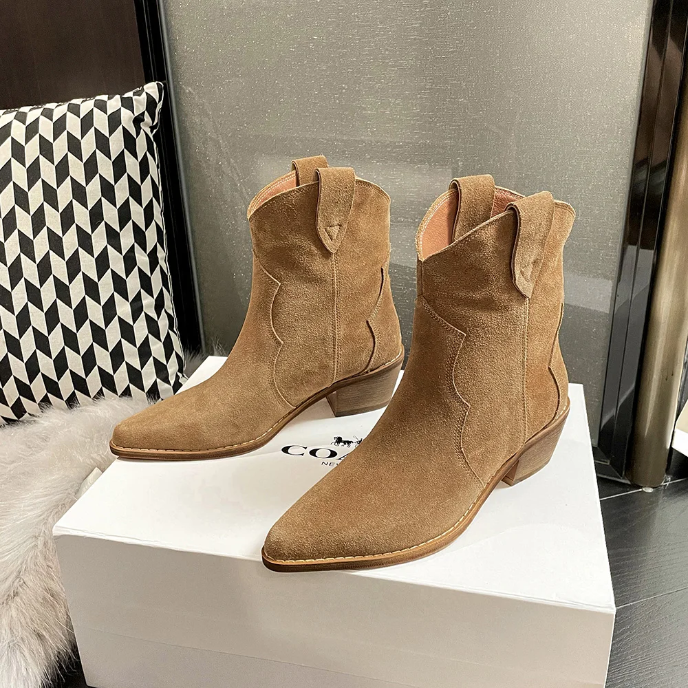 Bottes de cowboy classiques en daim de vache pour femmes, compensées à bout pointu, bottes de rinçage à talons, bottes occidentales simples et