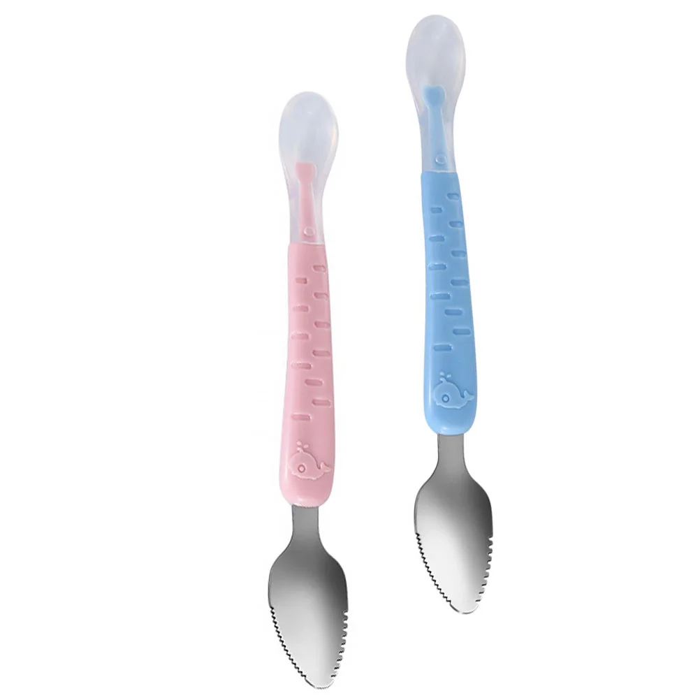 

2 Pcs Toddler Spoons Scraper Stainless Steel Head Double Fruit Puree Scoop Baby Feeding