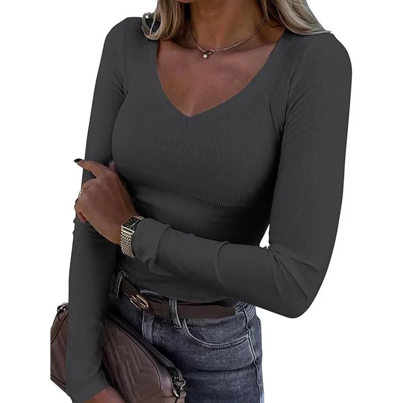Women Clothing Fashion All-match Long Sleeve Knit T-shirt Autumn New Sexy V-neck Solid Top Tee Lady Europe America Y2k Pullover