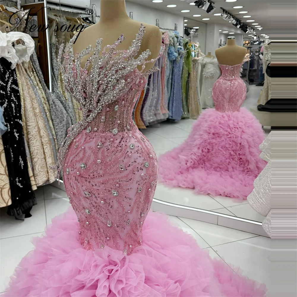 Arabic Pink Mermaid Celebrity Dresses Luxurious Tiered Skirt Wedding Party Dress Beaded Evening Dress Robes Du Soir Customized