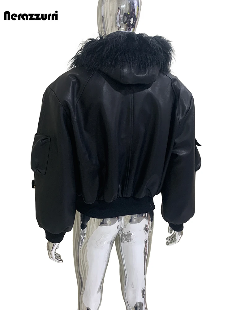 Nerazzurri Autumn Winter Short Black Thickened Warm Soft Faux Leather Jacket Men with Faux Fur Trim Hood Zip Up Loose Clothes
