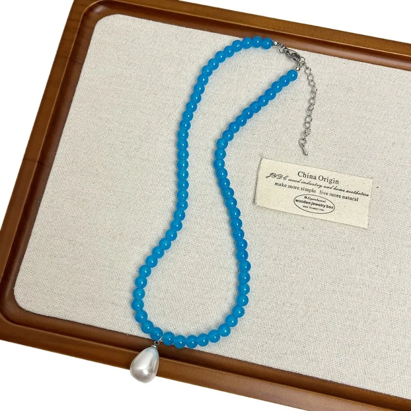

water drop pendant beaded necklace women's retro light luxury translucent chain fashion temperament versatile collarbone chain