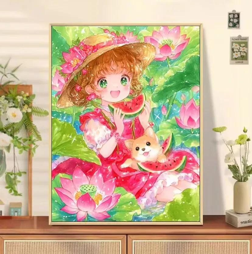 

9CT 14ct 38x50cm Lotus Girl Printed Kit Cross Stitch Embroidery DIY Needlework Home Decor Crafts With Needles Threads