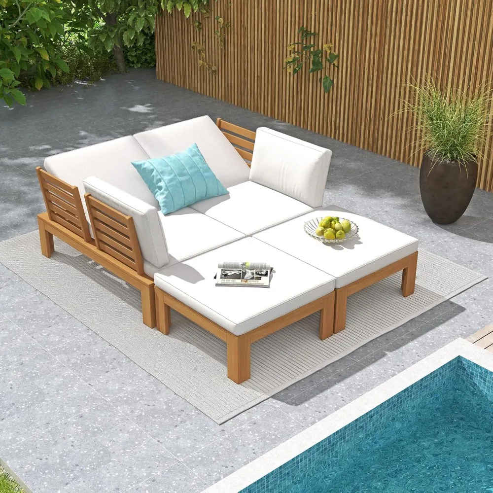 4 Piece Acacia Wood Patio Furniture Outdoor Sectional Sofa Set with Adjustable Armrest,FSC Certified L-Shaped Patio Set w/2-in-1