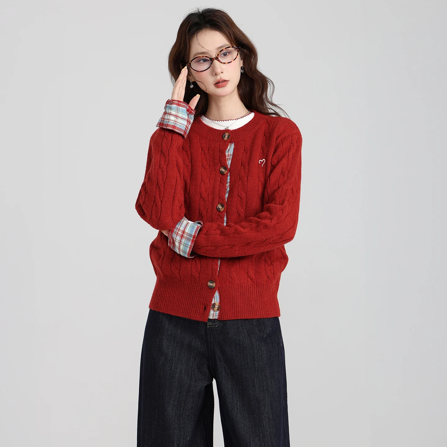 Chaqueta tipo suéter de punto a cuadros bordada con cuello redondo para mujer, Top exterior holgado para Otoño/Invierno