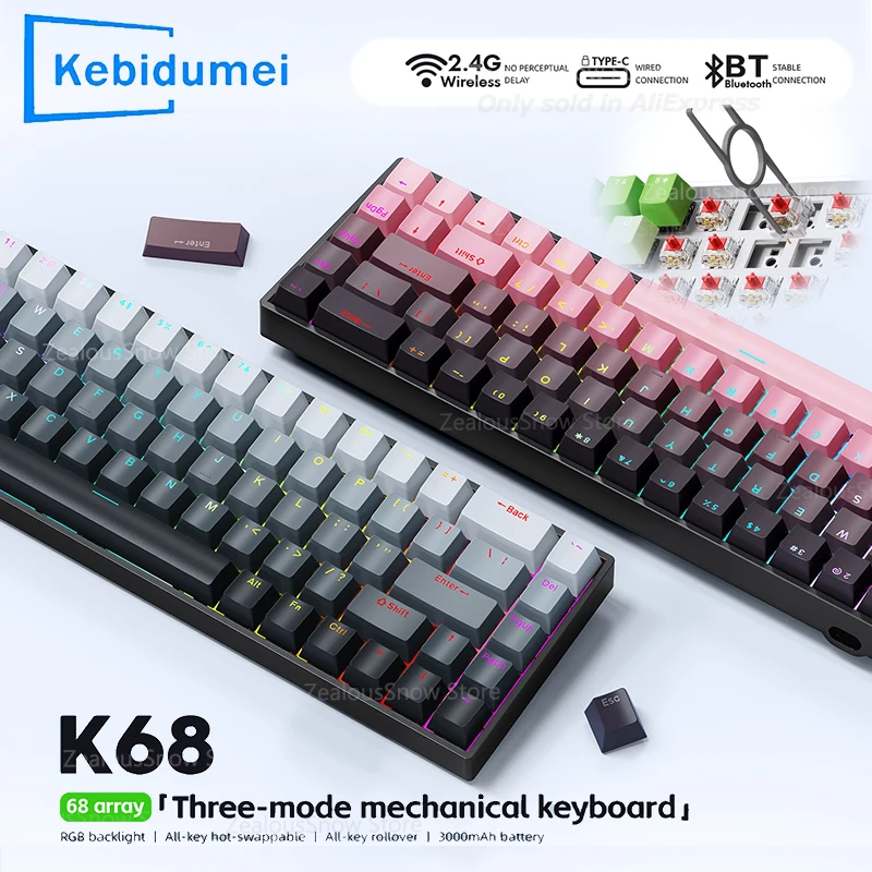 

﻿ Механическая клавиатура K68, 2,4G, RGB-подсветка, трехрежимная Bluetooth 5,1/беспроводная/проводная клавиатура с возможностью горячей замены для ПК-геймера