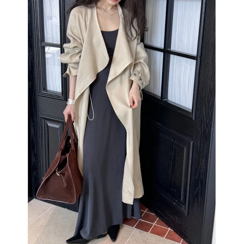 

Johnature Autumn New New Chinese Simple Long Trench Coat Women 2025 New Drawstring Cotton Linen Korean Casual Loose Trench