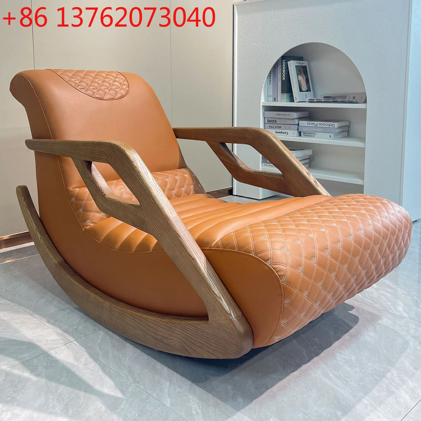 

Medieval solid wood armrest rocking chair living room sofa oil wax leather single recliner