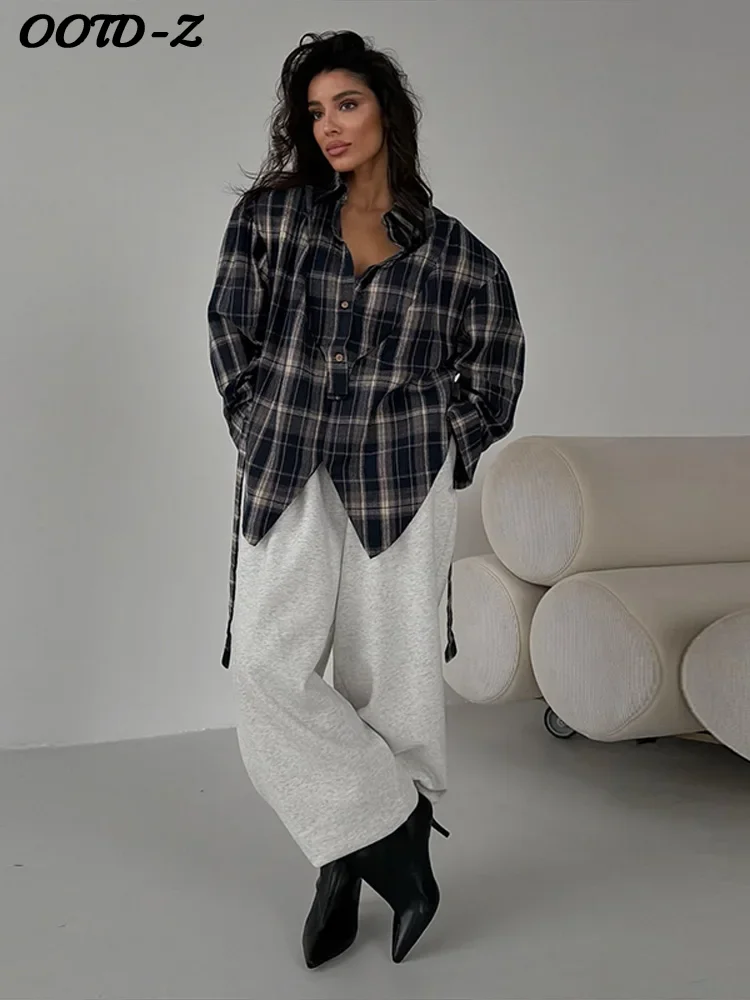 

Повседневная клетчатая рубашка на шнуровке с лацканами, женские свободные рубашки с острыми пуговицами и боковым разрезом, женские весенне-осенние модные женские топы 2023 г.