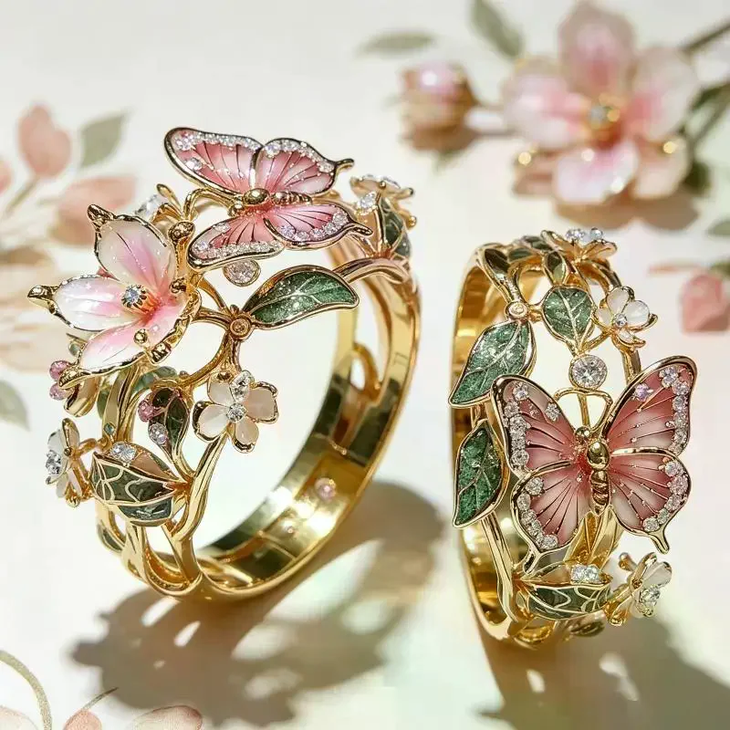 Cute Pink Butterfly Enamel Gold Plated Ring Sparkling Crystal Accessory for Girls Daily Outing Party Gift〔88〕