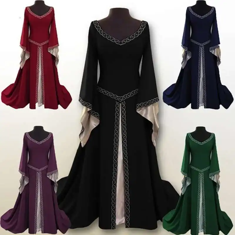 

Vintage Gothic Dress Cosplay Costumes Autumn Winter Long Sleeve Medieval Witch Long Dress Halloween Costumes Vestidos de Fiesta