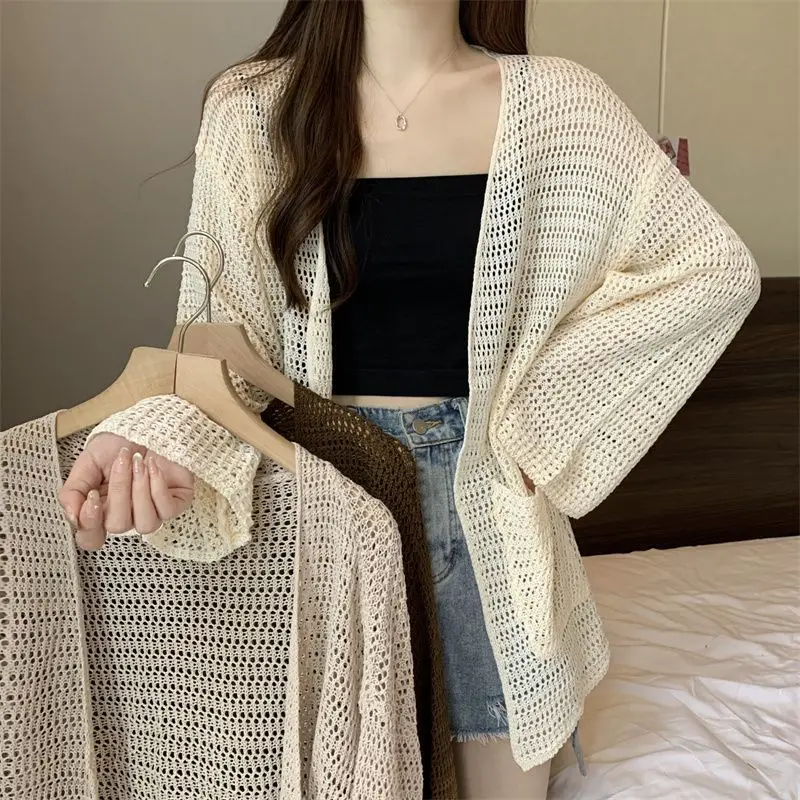 

V-neck Hollow Out Long Knit Sweater Summer Thin Cardigan Women's Shawl Loose Air Conditioning Shirt Female Wearing Outside Jacke