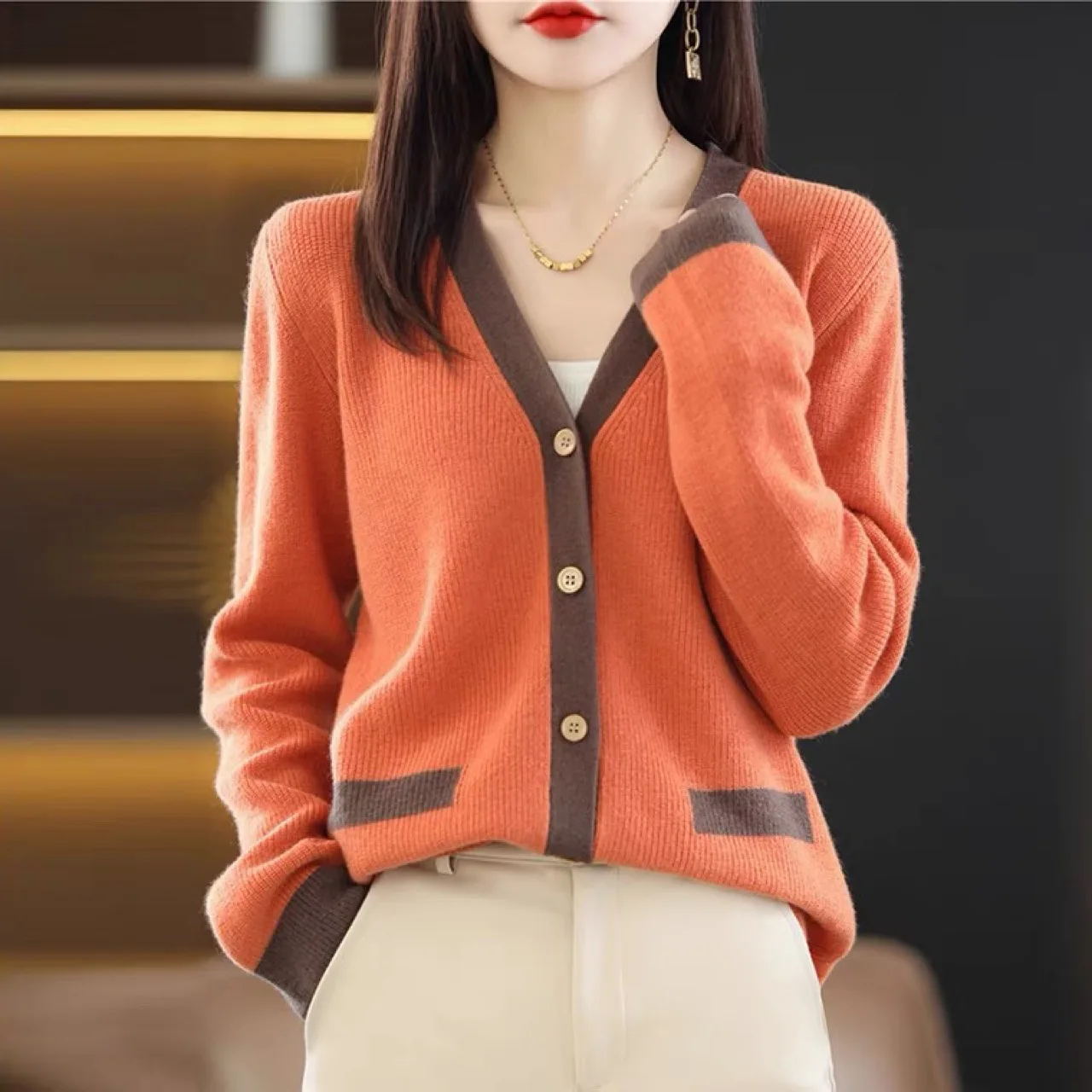 

Spring Autumn V-Neck Long-Sleeved Knitted Cardigan Fashion Women's Loose Patchwork Thin Outerwear Sweaters Cardigan R577