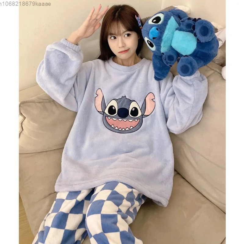 Stitch Women\'s Autumn And Winter Round Neck Long Sleeve Pajamas Korean Style Cute Print Home Clothes Sweet Y2k Girl Nightwear