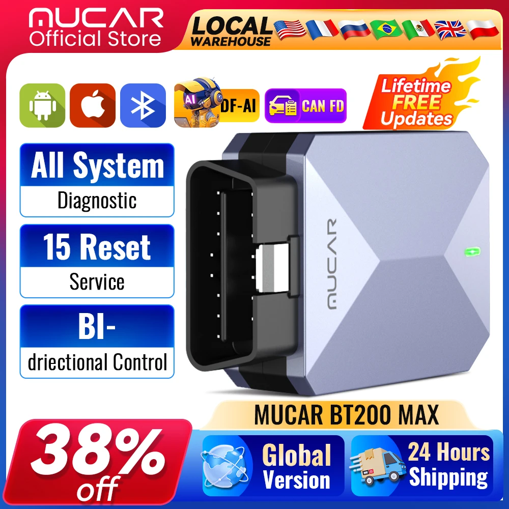 MUCAR BT200 Max OBD2 Scanner CAN FD ELM 327, GM-LAN, Outil de diagnostic bidirectionnel, diagnostic complet du système, 15 fonctions de réinitialisation, mises à jour gratuites à vie
