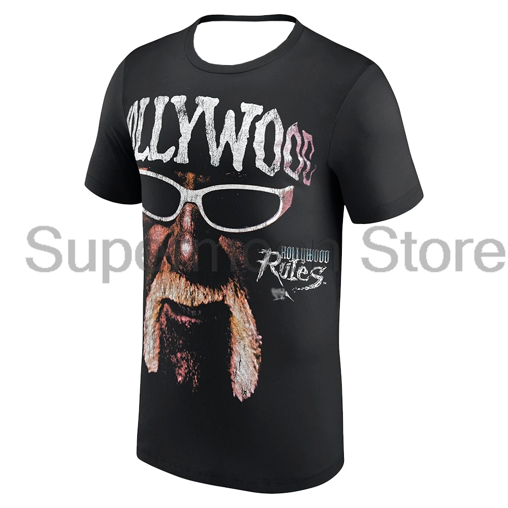 Men's Black Hulk Hogan Hollywood Rules T-shirt Crewneck Short Sleeve Streetwear Tee Women Outdoor Sportwear Tops