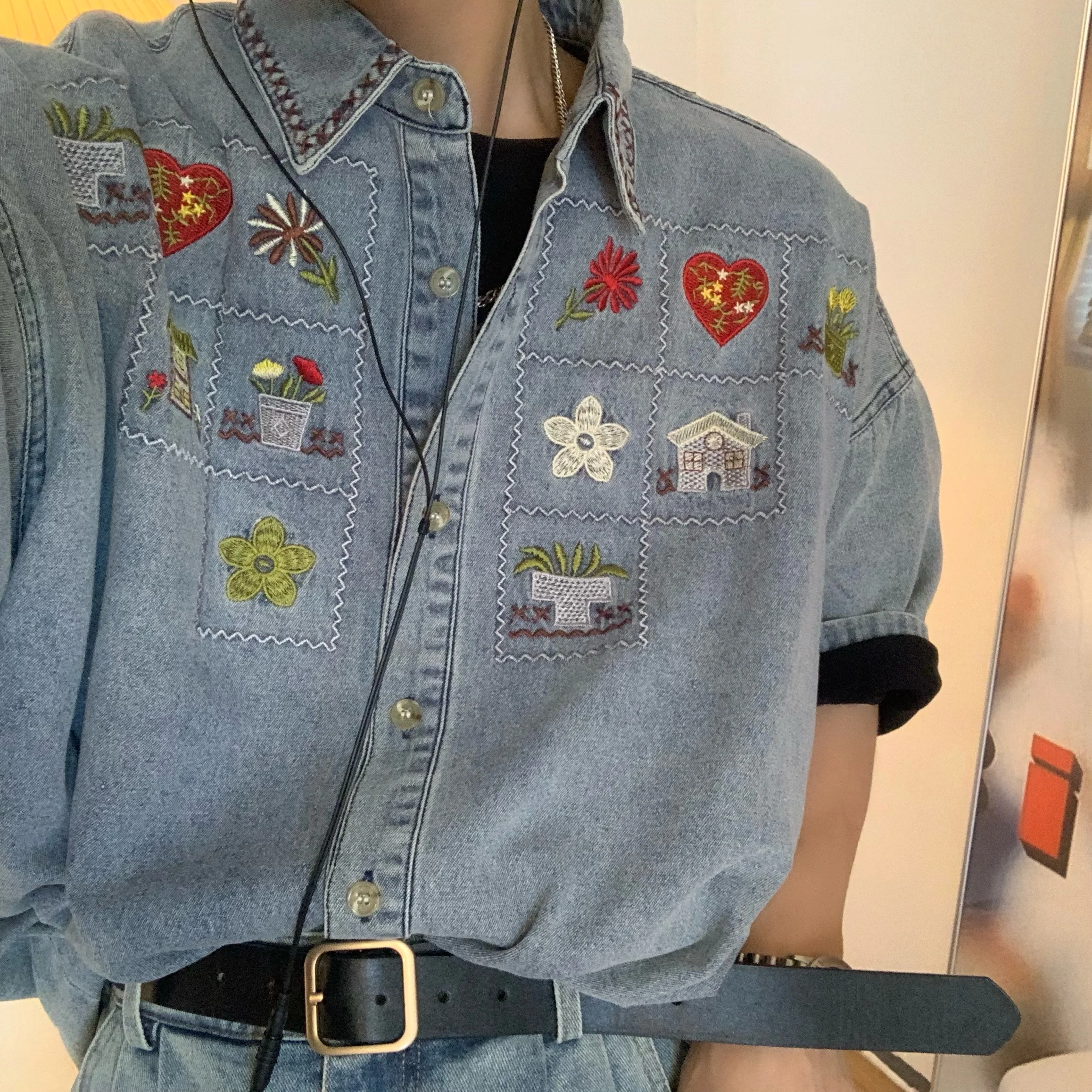 

Washed Denim Short Sleeve Shirt Vintage Retro Style Unisex Cotton Loose Fit Summer New Arrival Couples Top Trendy Ins Style
