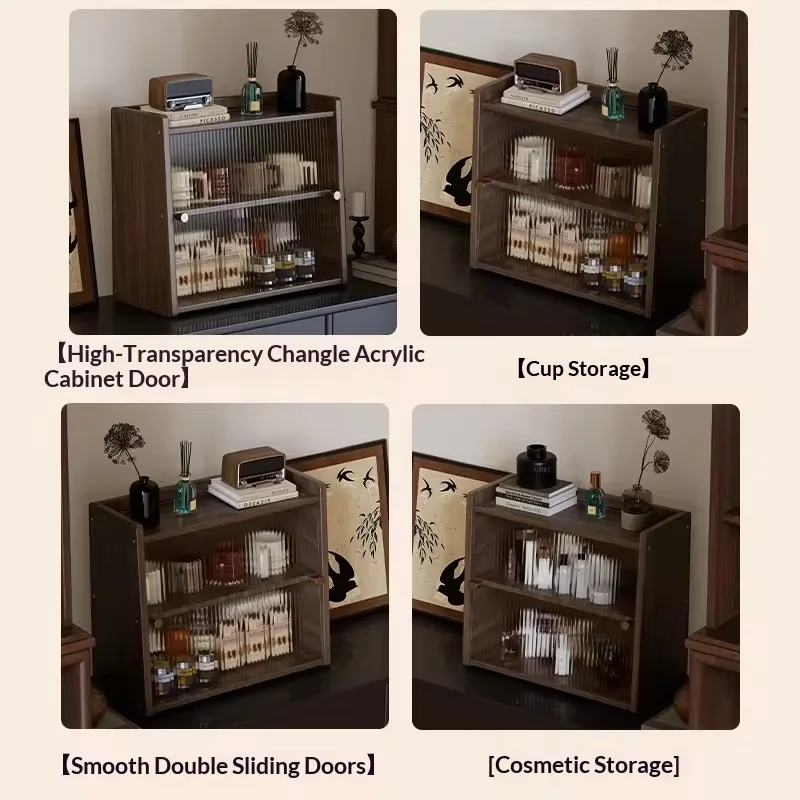 Walnut Countertop Storage Cabinet Cupboard with Glass Doors Compact Kitchen Organizer Close at Hand on Counters - view 3
