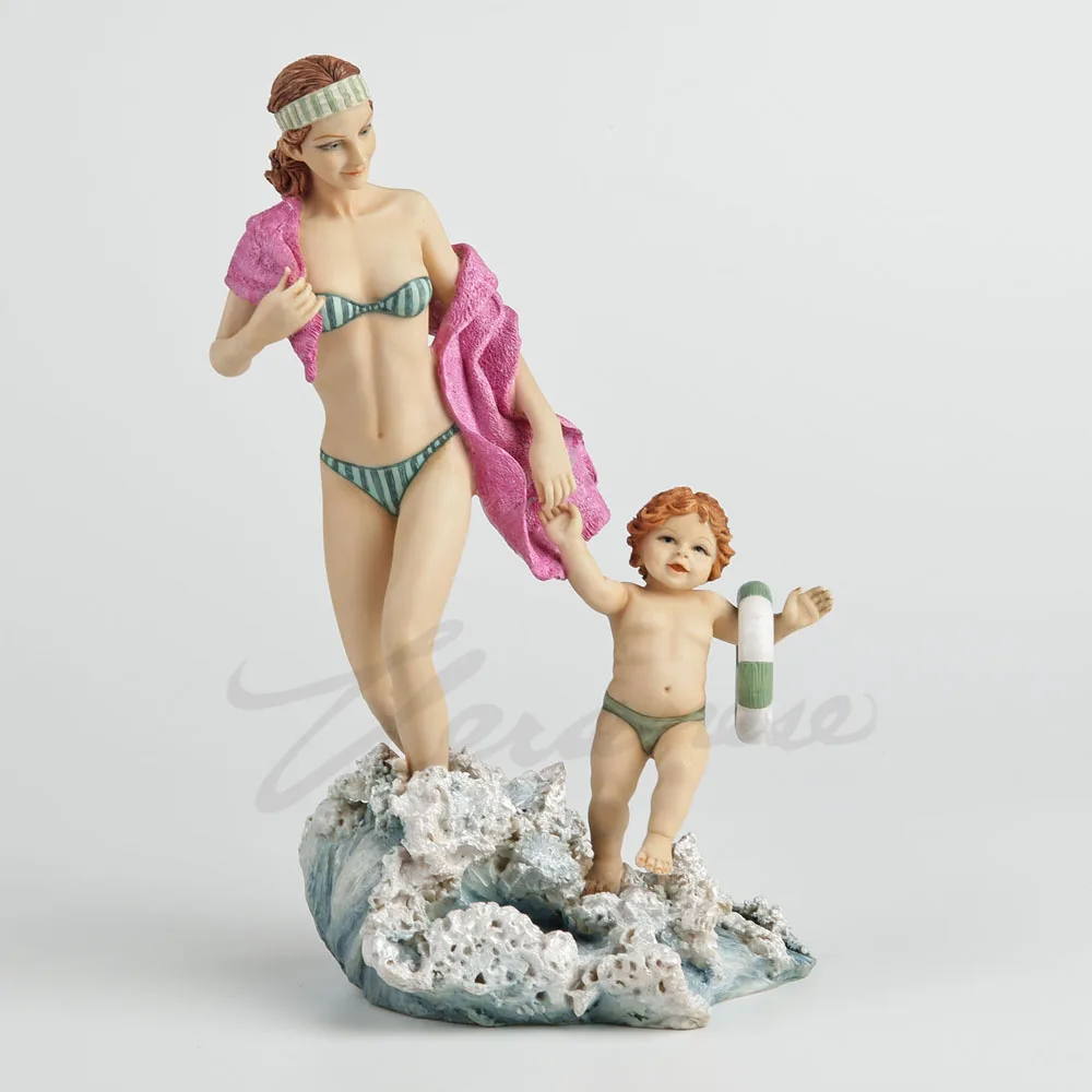 Resin Mother and Child Beach Figurine Wave Base Summer Seaside Sculpture Ornament Bikini Woman Boy Statue Home Table Decor Gift