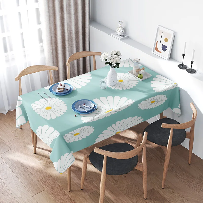 

Chic Floral TableclothPerfect for Dining Room Decor 100% Cotton Flower Table Linen Cover Blue White Daisy Print Machine Washable