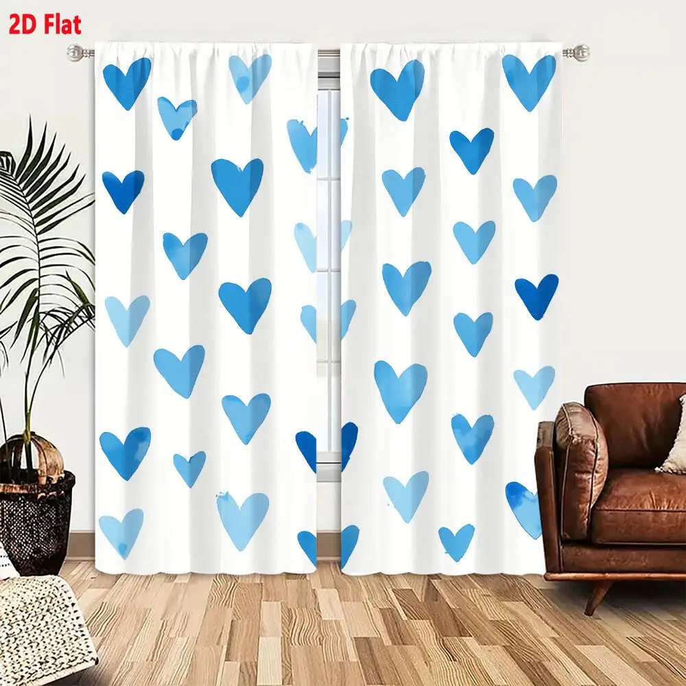 2Pcs Curtains 2D Flat White Background With Scattered Blue Hearts In Various Shades Including Light Sky Blue And Vibrant Blues S