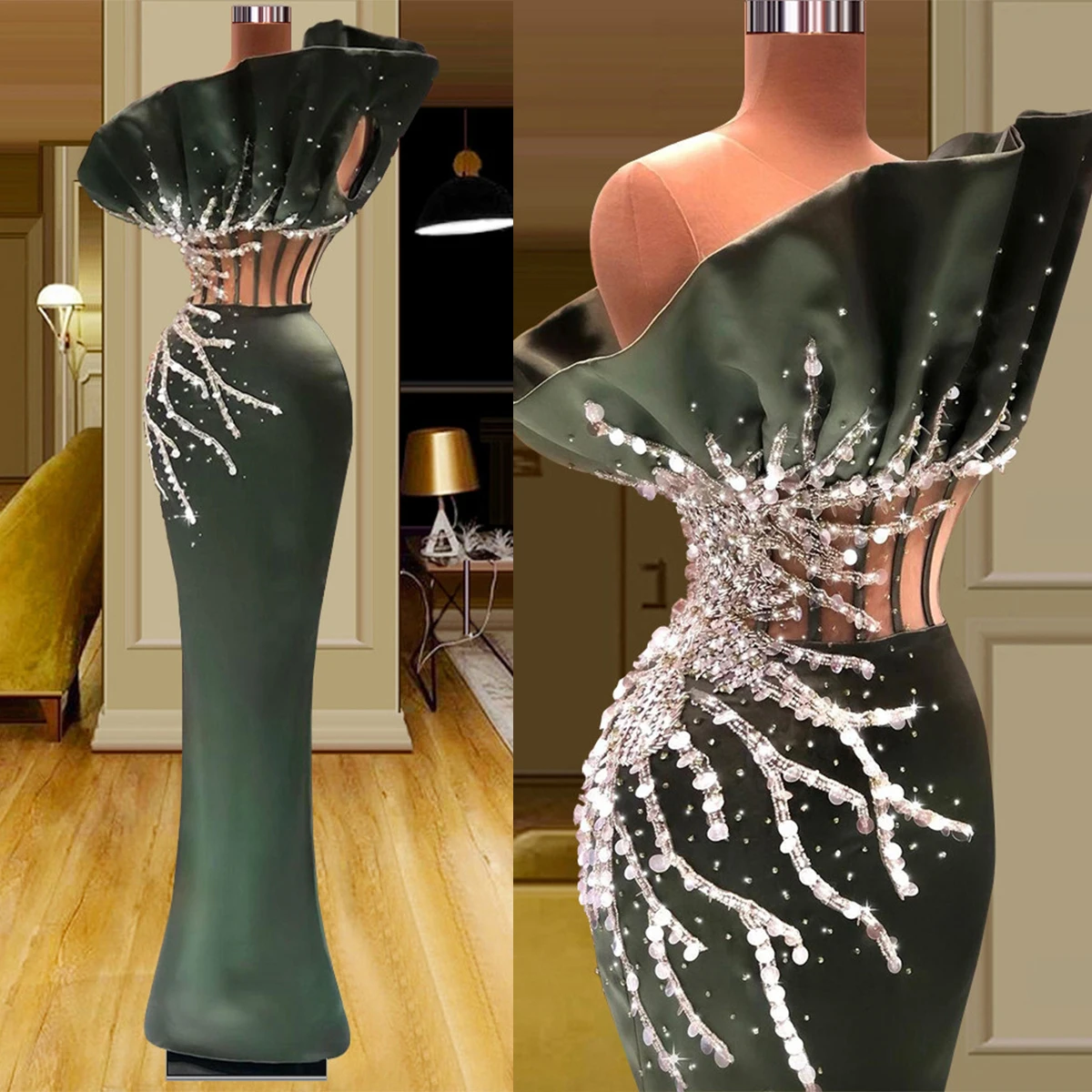 Olive Green Ruffles Evening Dress Mermaid Sequined Prom Gowns Pearls Pleats Party Dresses Custom Made