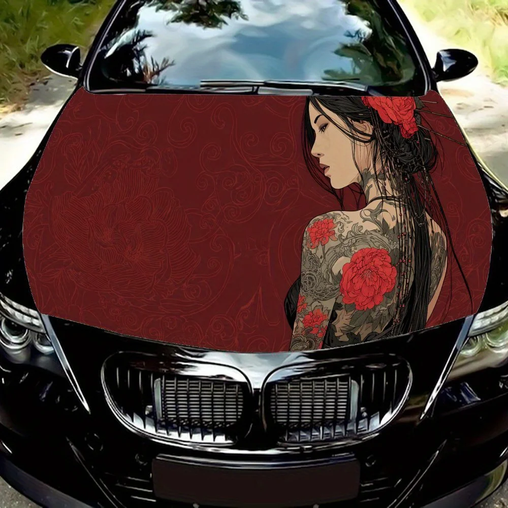 Autocollants pour capot de voiture Rose Tattoo Lady à fond rouge, auto-adhésifs imperméables, résistants aux rayures, faciles à coller, PVC de voiture durable