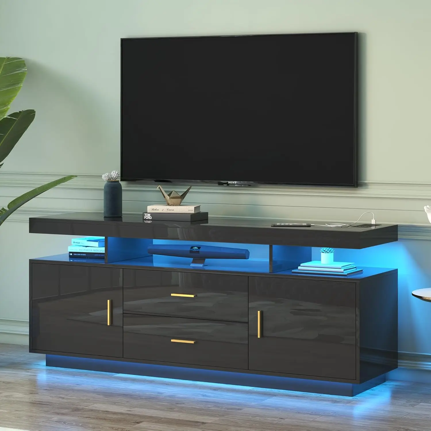 High Gloss Entertainment Center with 3-Colors Lighting, LED Modern TV Stand for 65+ inch TV, Home Storage Cabinet