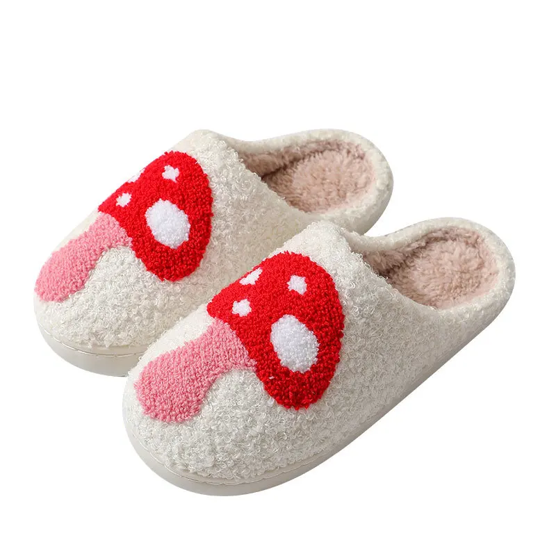 Popular Colorful Rainbow Plush Slippers for Women Cartoon Cute Smiling Face and Heart Design