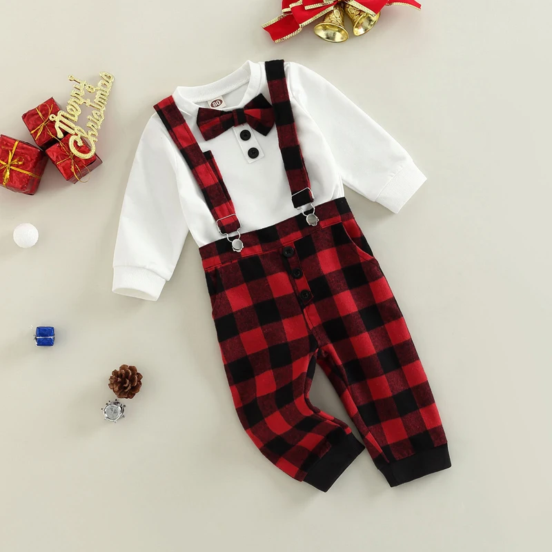 

Toddler Boy Formal Outfit Button Down Shirt with Bow Tie Checkered Print Suspenders and Pants Set