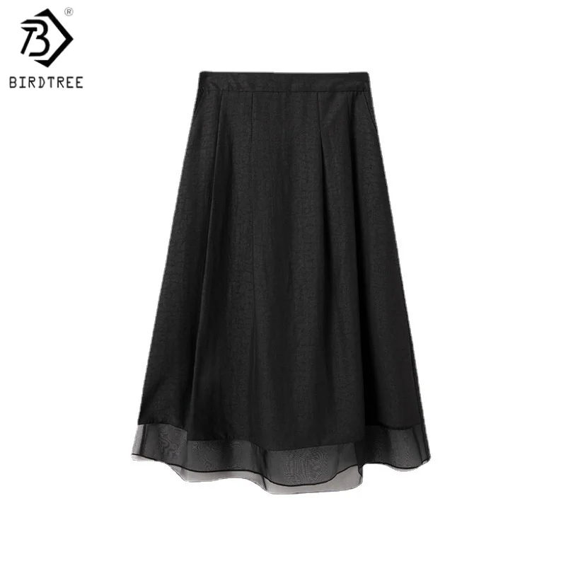 Birdtree,25MM 100% Real Silk Solid Skirt,Women's Xiangyun Gauze Crackle Elastic Waist Elegant Skirts,2026 Spring New D61513JF