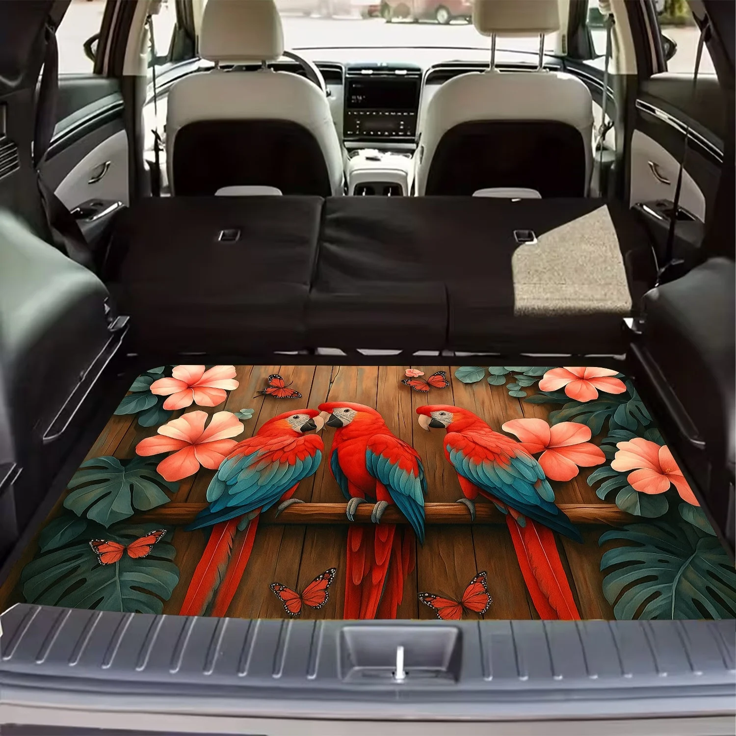 1pc Parrot And Butterfly Tropical Pattern Car Trunk Mat, An Essential Travel Item, Compatible With Various Car Models. Enhances
