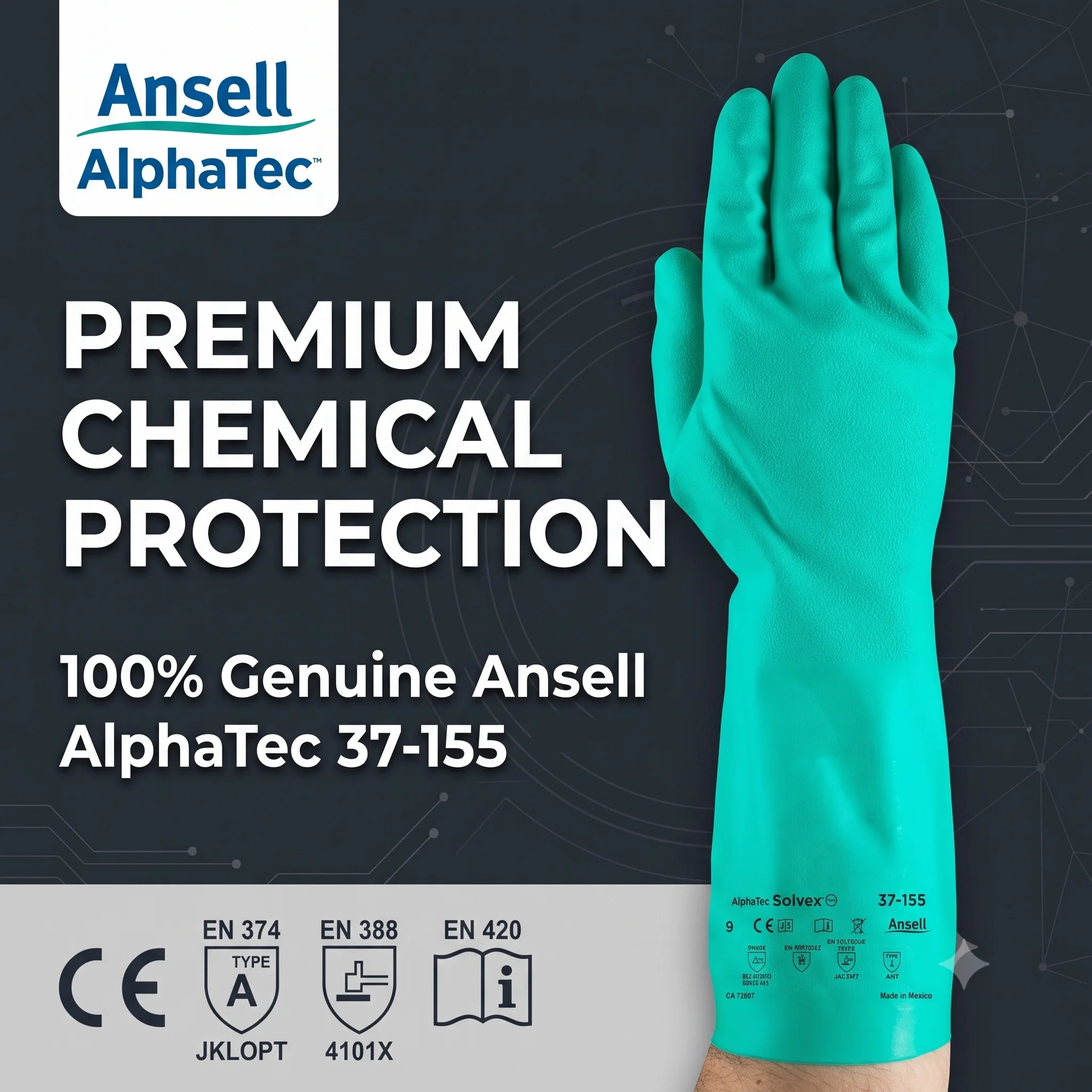 Ansell AlphaTec 37-155 Nitrile Gloves Heavy Duty Safety Work Green Dark Oil Field Diesel Resistant Waterproof Food