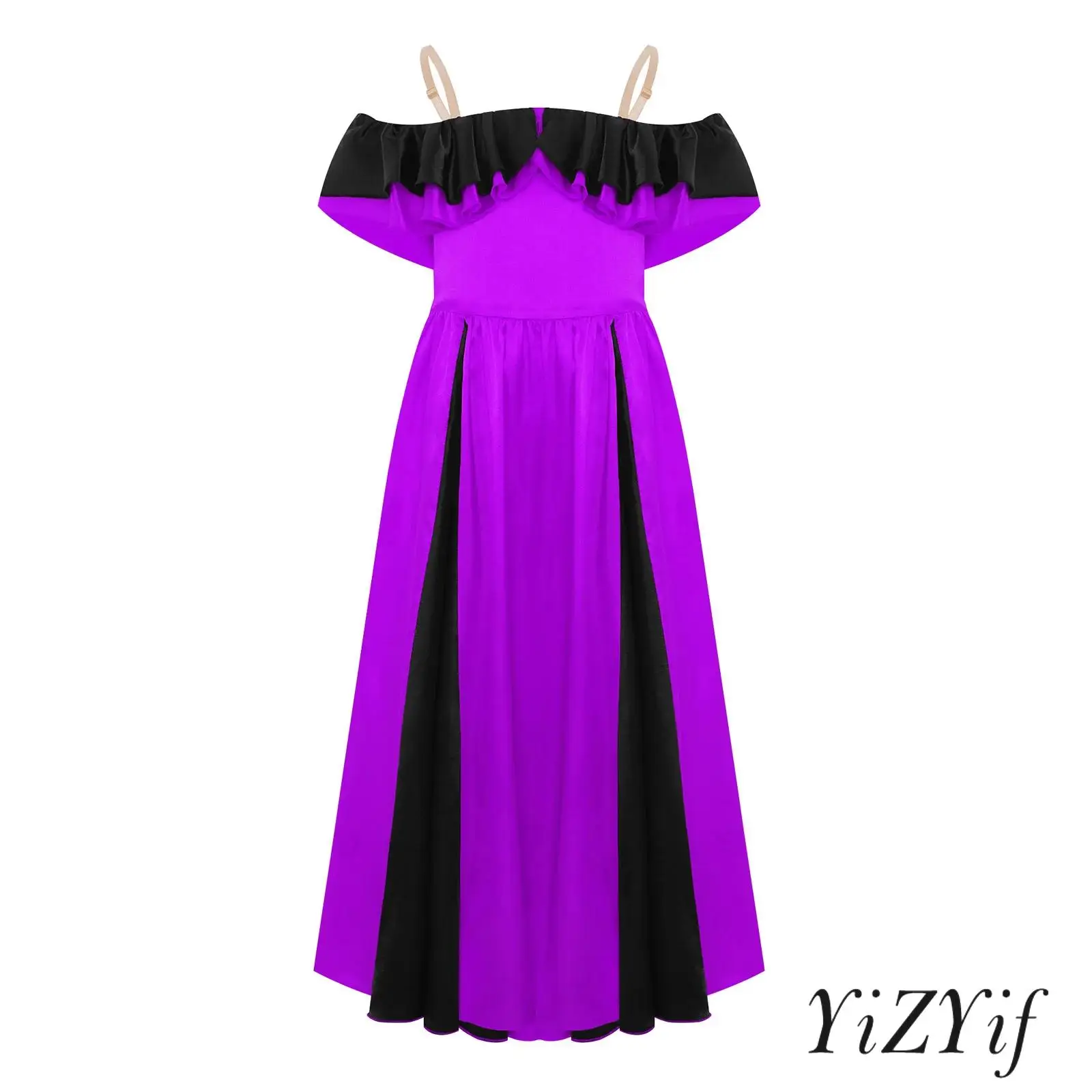 

Kids Girls Color Block Party Dress Stylish Off-Shoulder Neckline with Sweet Ruffled Details for Dance Performances Costume